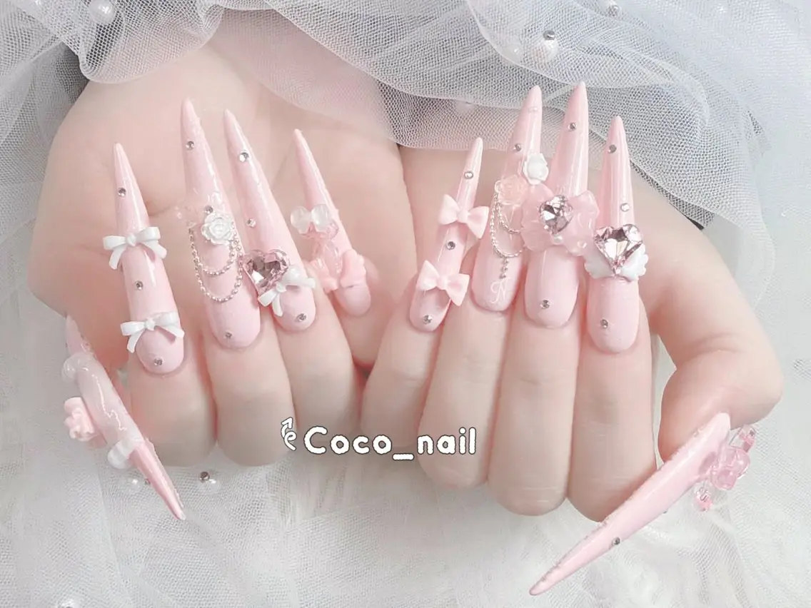 ネイル 成人式 大理石ネイル(マーブル) リボン 夏ネイル ネイルチップ ハンドネイル Mei Salon 長さ出し専門店のネイルデザイン