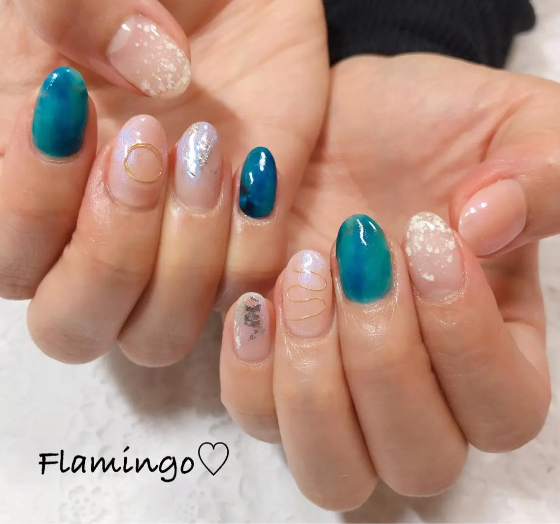ネイル 大理石ネイル(マーブル) ニュアンスネイル 夏ネイル フィルイン／自爪育成 ／爪に優しい施術のネイルデザイン