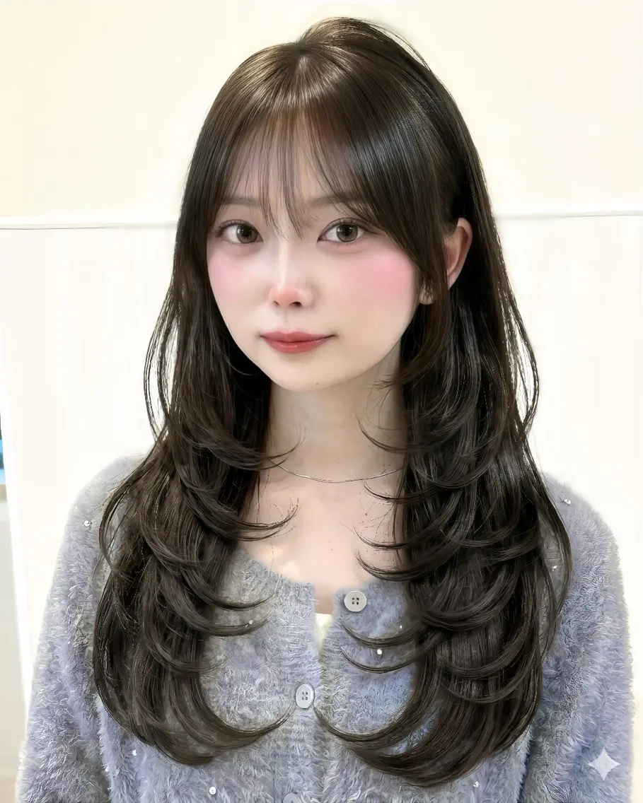 ロング ヘアカラー トリートメント 表参道小顔カット前髪 割れ改善クロスパーマのヘアスタイル