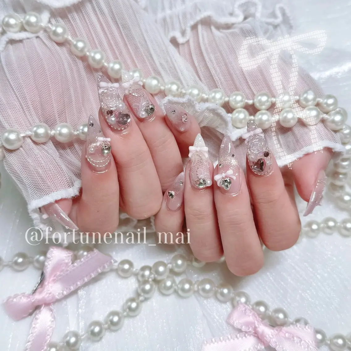 ネイル レース ピンク ハンドネイル 🎀Mai 🎀✩.のネイルデザイン