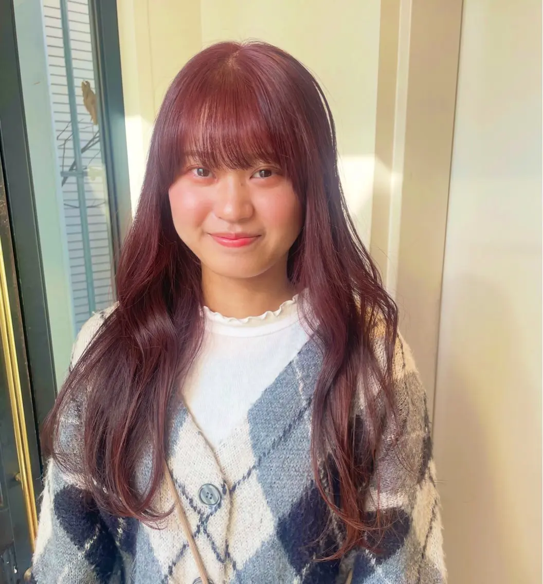 ロング カラー パーマ ボルドーカラー ダブルカラー ヘアカラー ヒナ/酸性ストレート ・艶カラー🌿のヘアスタイル
