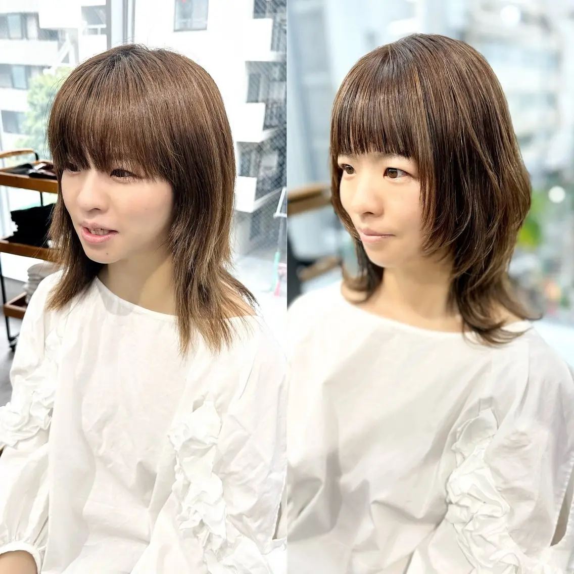 ミディアム カラー パーマ ヘアアレンジ メンズ キッズ カット 縮毛矯正 レイヤーカット／ 巻ける縮毛矯正のヘアスタイル