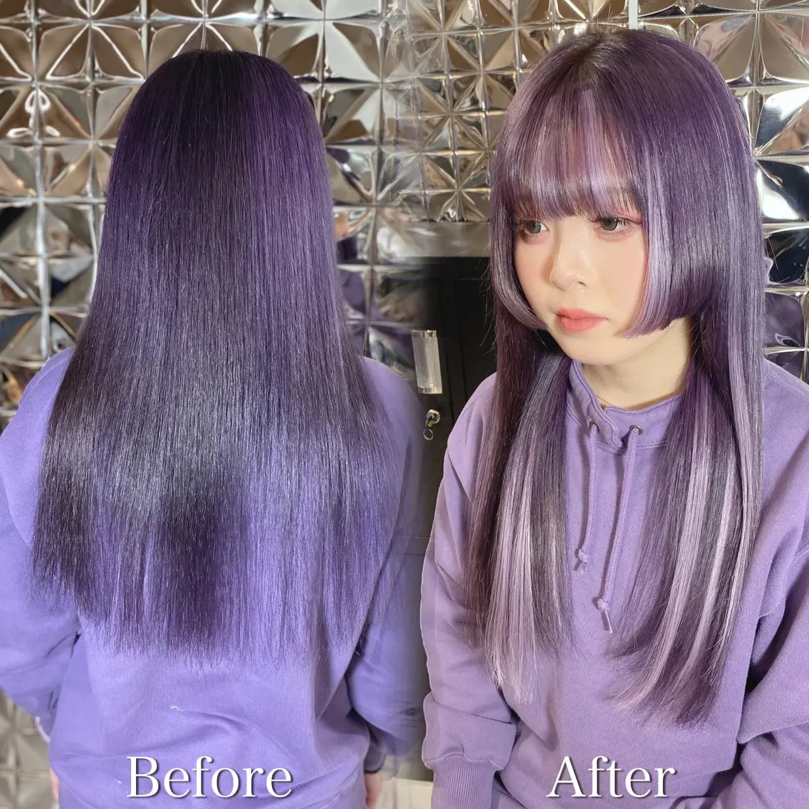 セミロング パープルカラー ハイライト エクステ ラブスタシー Lilyのヘアスタイル
