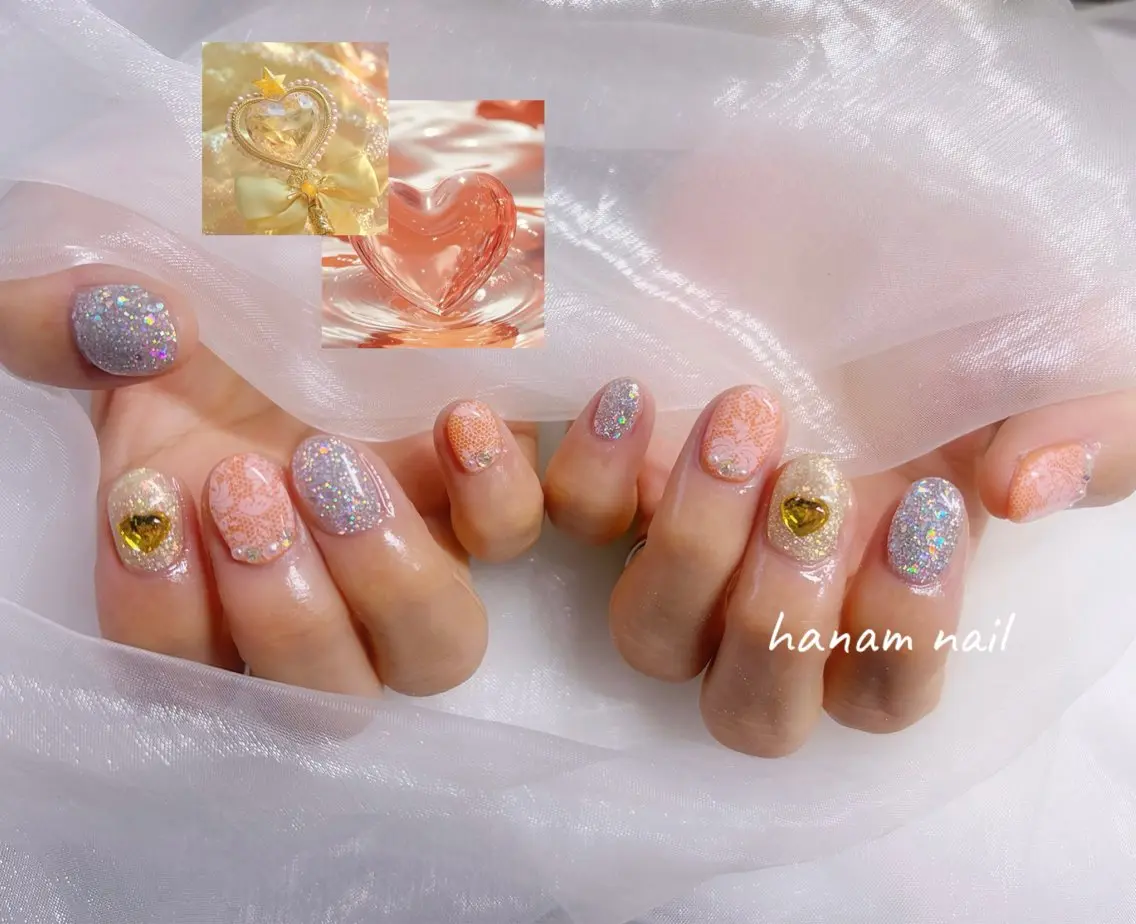ネイル ハート レース オレンジ 黄色 ハンドネイル hanam nail 🌿🩵ハナムネイルのネイルデザイン