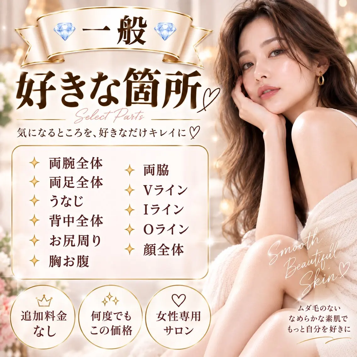 一般💎好きな箇所💎両腕全体 両足全体 うなじ 背中全体 お尻周り 胸お腹 両脇 Vライン Iライン Oライン 顔全体の写真