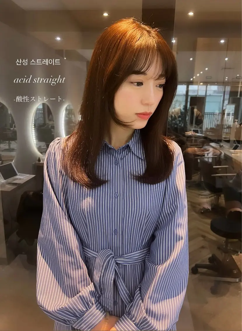 セミロング カラー ミストバング ベージュカラー ブリーチ フェイスフレーミング グレージュ カット 縮毛矯正 韓国🇰🇷レイヤー 映える顔周り🩷のヘアスタイル