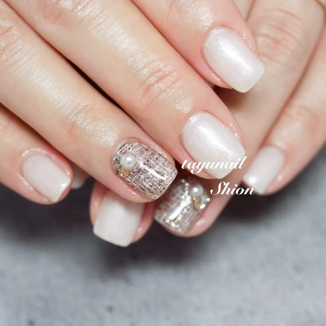 ネイル ジェルネイル パラジェル ツイードネイル ホワイト 冬ネイル ネイルサロン 【たゆnail】のネイルデザイン