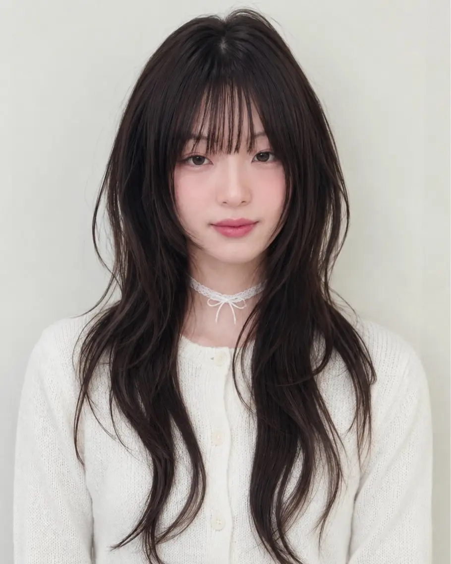 ロング ハッシュカット 韓国風ヘア レイヤーカット カット ヘアカラー トリートメント rina韓国レイヤー ハッシュカットのヘアスタイル