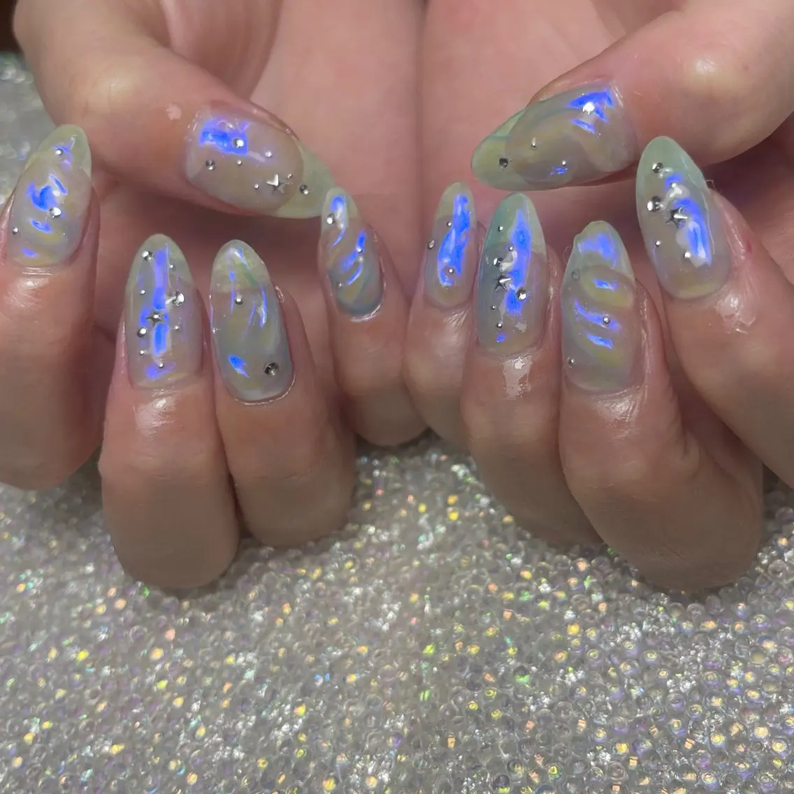 ネイル アートネイル オーロラネイル フットネイル ジェルネイル キラキラネイル フットネイル Y nail なんば堀江店のネイルデザイン