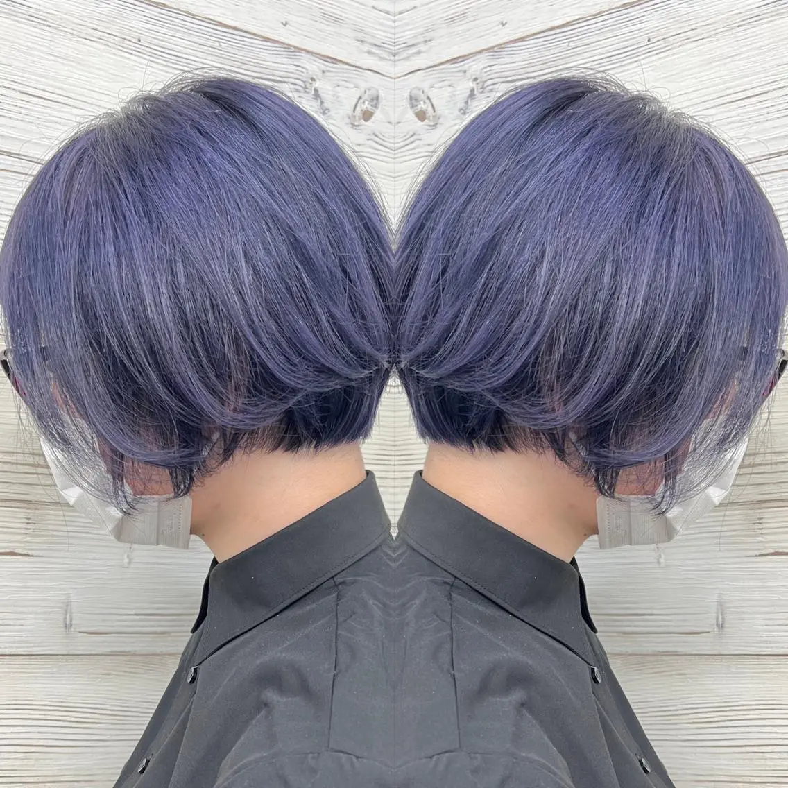 ショート カラー ヘアアレンジ 黒髪 ブリーチ ブルーカラー ブルーブラック ネイビーカラー カット ヘアカラー トリートメント 枝毛カット&髪質改善 満足NO.1岡しゃんのヘアスタイル