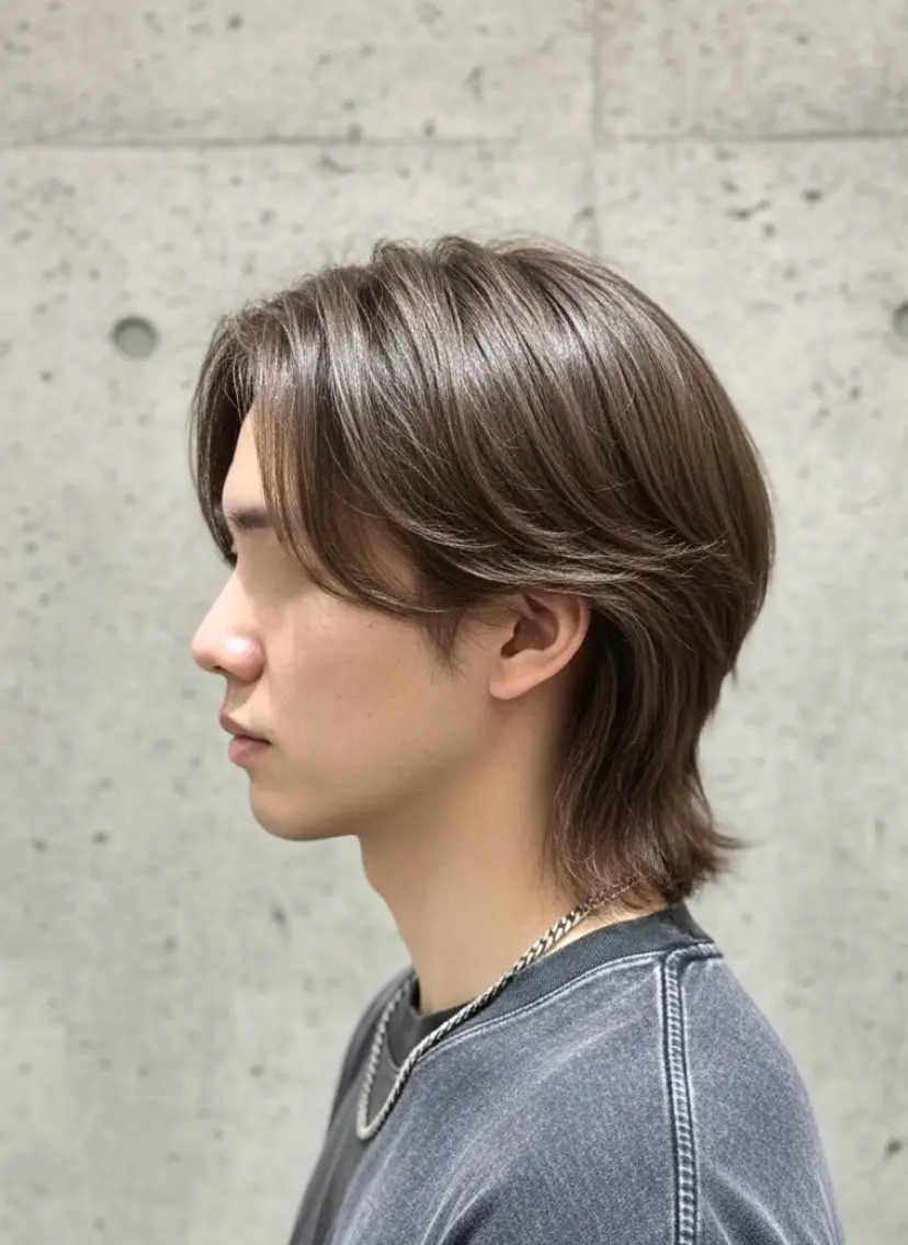 ミディアム パーマ メンズ メンズブリーチ センターパート メンズウルフカット ミルクティーブラウン ウルフカット カット ヘアカラー 大人メンズパーマ /石川瑠青のヘアスタイル