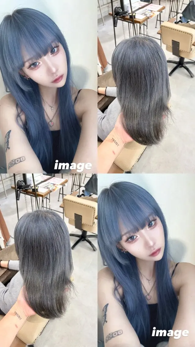 セミロング カラー ブリーチ ブルーカラー シルバー ヘアカラー ブリーチなしwカラー /艶カラー/oukaのヘアスタイル
