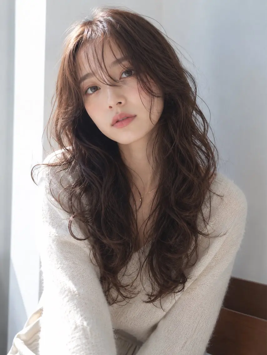 ロング パーマ カット パーマ 似合わせ/透明感 /顔まわりカット🌿のヘアスタイル