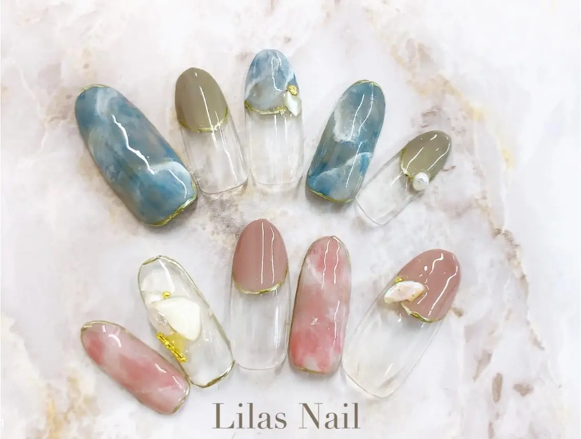 ネイル ブルー ジェルネイル ハードジェル ロングネイル 大理石ネイル(マーブル) Lilas Nailのネイルデザイン