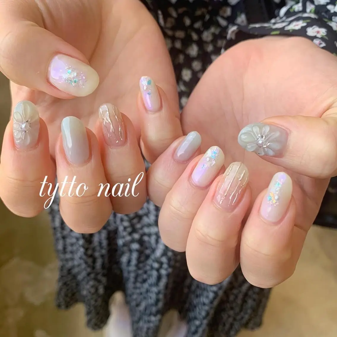 ネイル オーロラネイル ブルー クリアネイル フラワーネイル 韓国ネイル tytto nail ❤︎‪‪eri‪‪のネイルデザイン