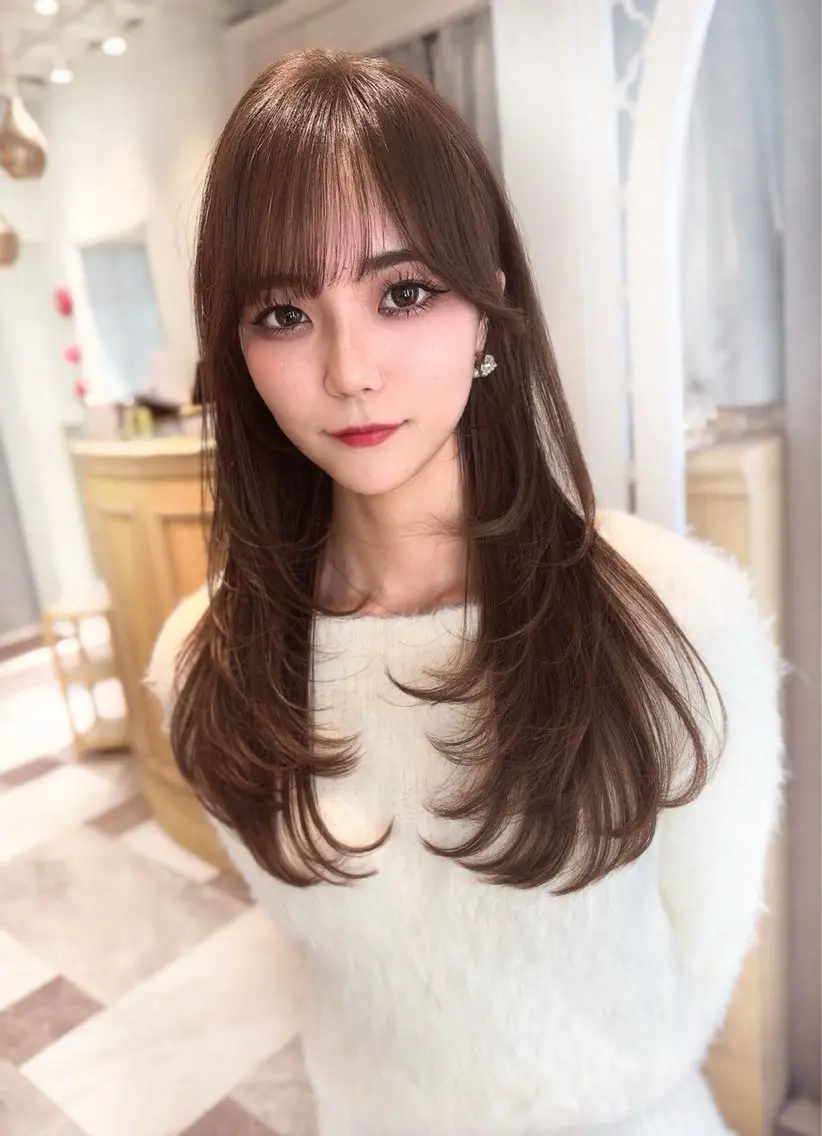 ロング カラー ベージュカラー 黒髪 ブリーチ ブルーカラー ブルーブラック カット ヘアカラー トリートメント 木屋元一/透明感 /前髪/レイヤーのヘアスタイル