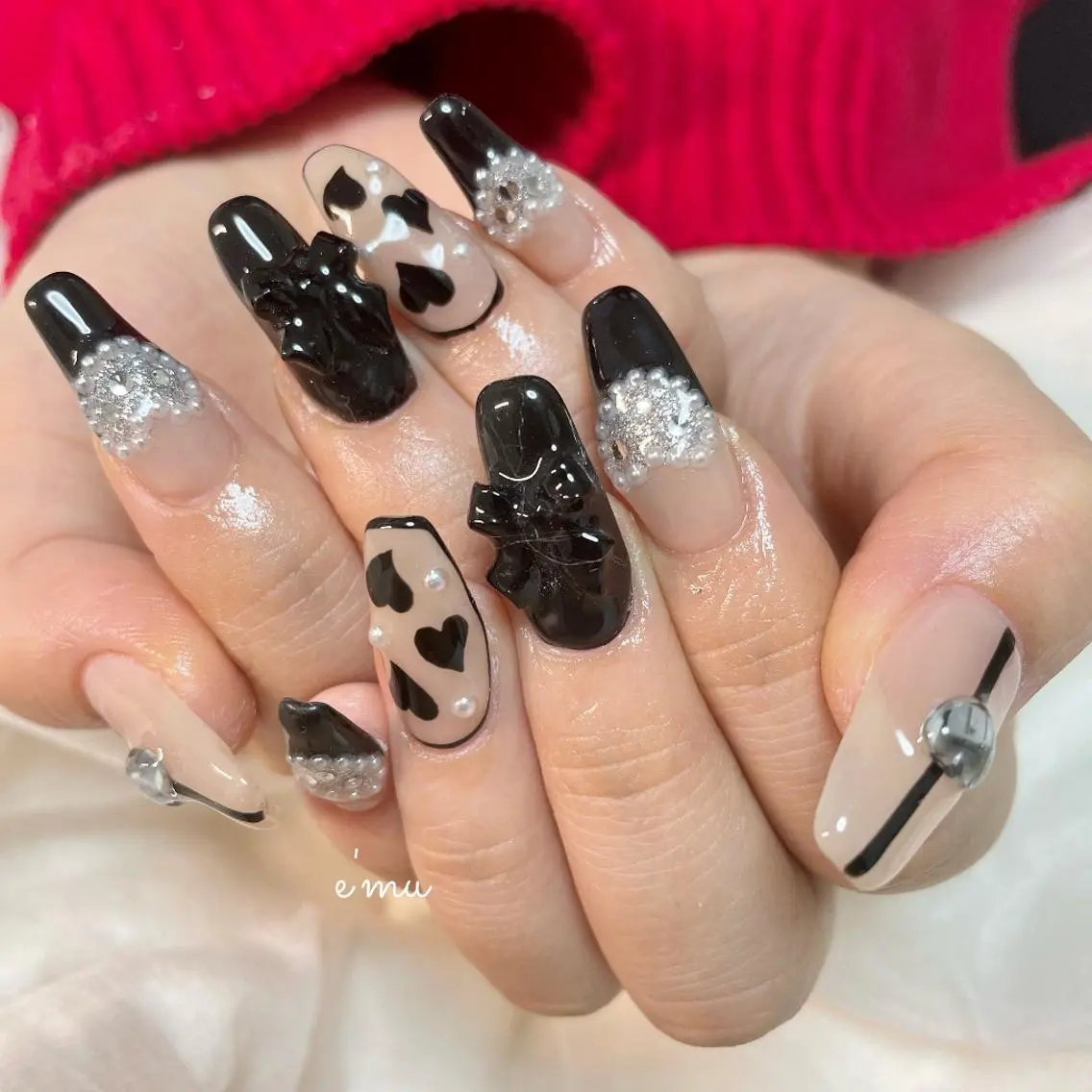 ネイル ハート 韓国ネイル リボン nail salon e'mu💐のネイルデザイン
