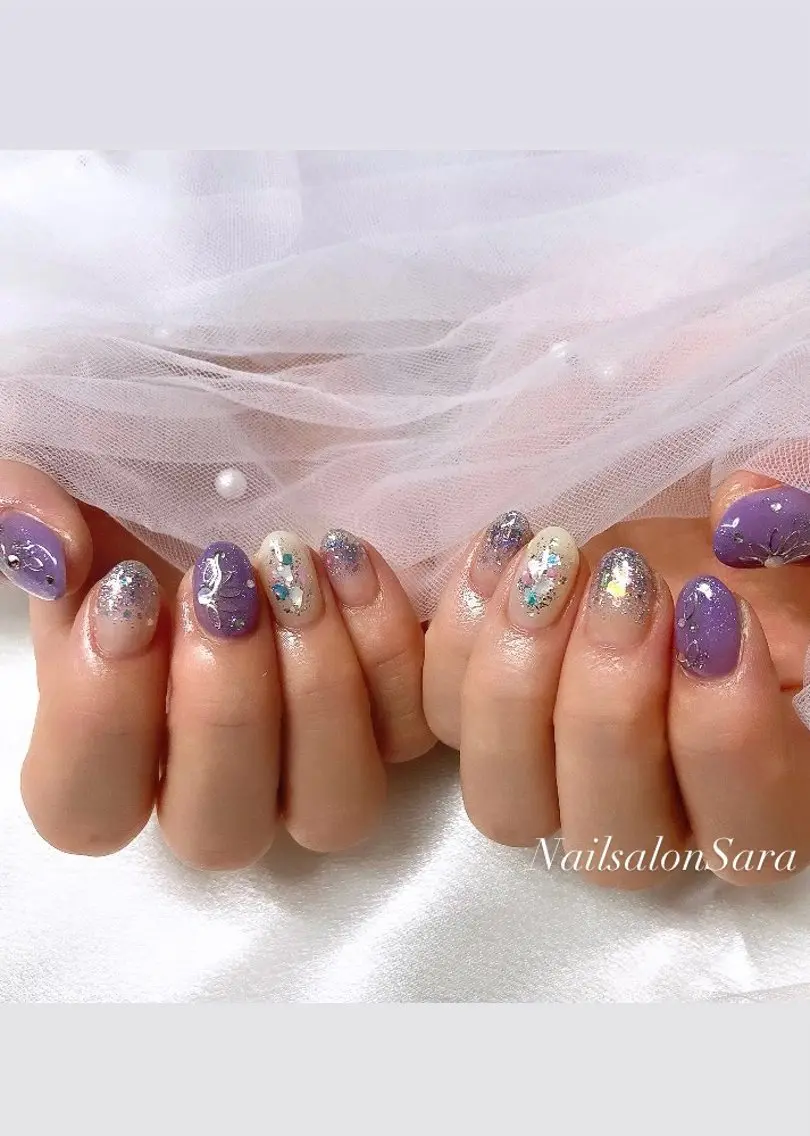 ネイル ラメ(グリッター) マグネットネイル パープル ハンドネイル nailsalon Saraのネイルデザイン
