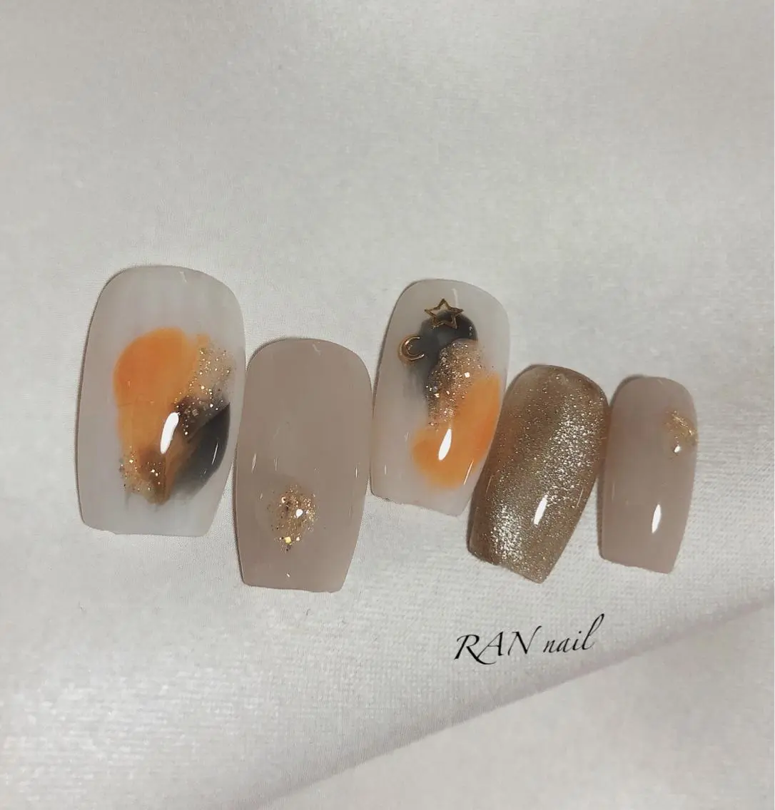 ネイル フットネイル ハロウィン オフィスネイル オレンジ パープル ハンドネイル フットネイル RAN nailのネイルデザイン