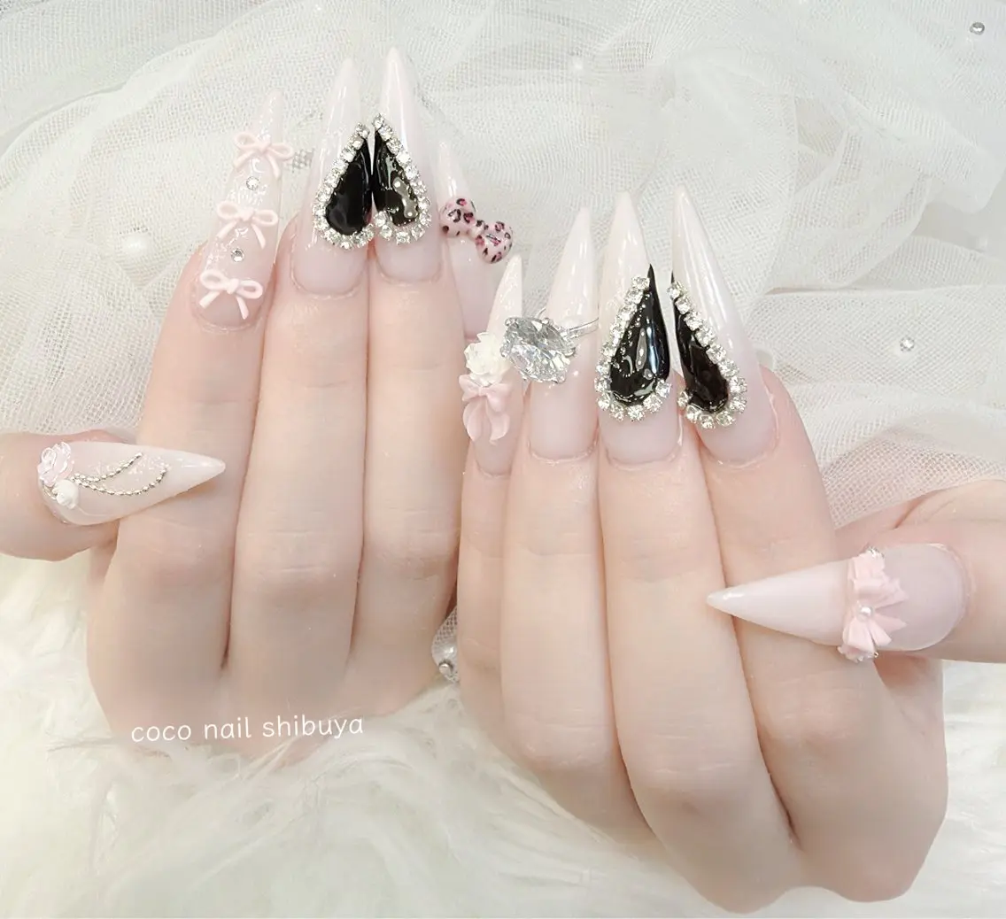 ネイル 成人式 大理石ネイル(マーブル) リボン 夏ネイル ネイルチップ ハンドネイル Mei Salon 長さ出し専門店のネイルデザイン