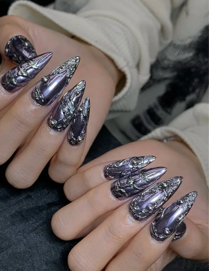 ネイル アートネイル ロングネイル パープル シルバー Iconic Nailのネイルデザイン