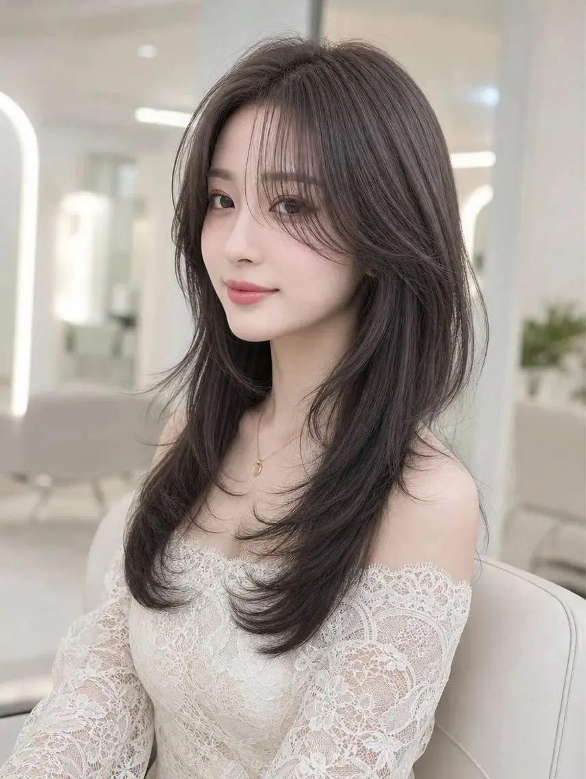 ロング カラー ベージュカラー 透明感カラー 顔まわりレイヤー 顔周りカット 髪質改善 カット ヘアカラー トリートメント 韓国レイヤーカット× 髪質改善ラビマーニのヘアスタイル