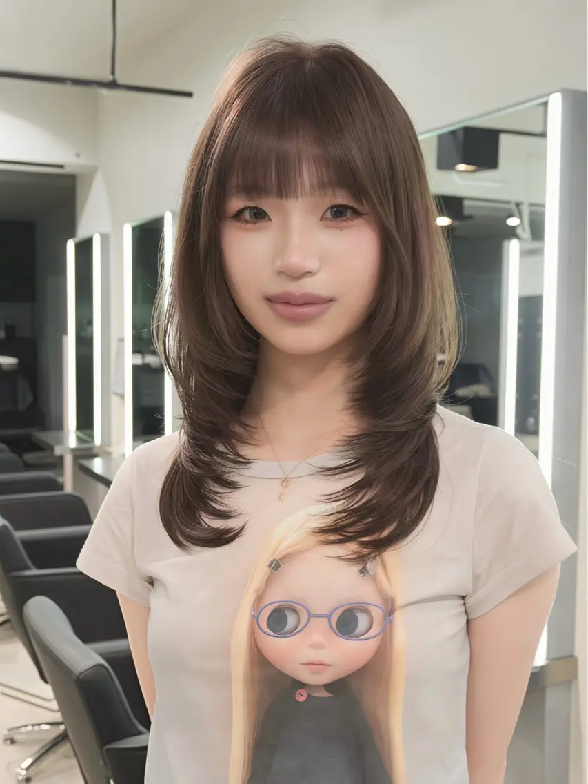 ミディアム カラー ブリーチ 透明感カラー グレージュ イルミナカラー ブリーチなしカラー ヘアカラー Airi 韓国y2k ハイレイヤーのヘアスタイル