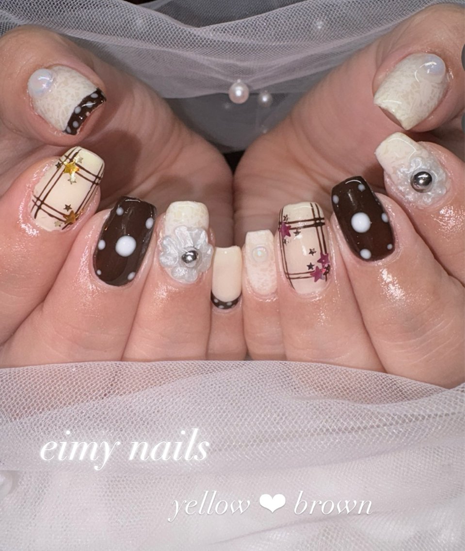 ネイル ブラウン ドット フレンチネイル レース 持ち込み ハンドネイル eimy nails♡のネイルデザイン