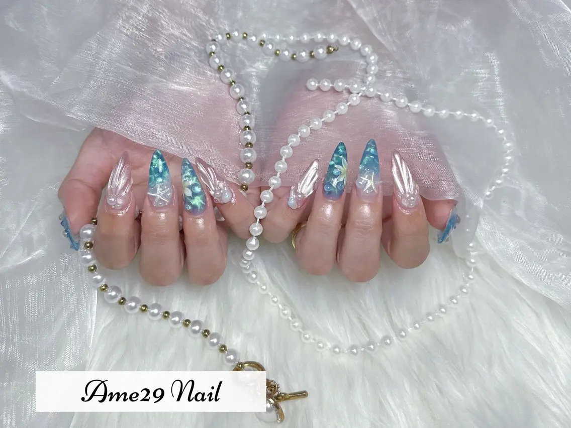 ネイル フラワーネイル ロングネイル オフィスネイル ピンク ピンクベージュ AME29 Nail ネイルサロンのネイルデザイン