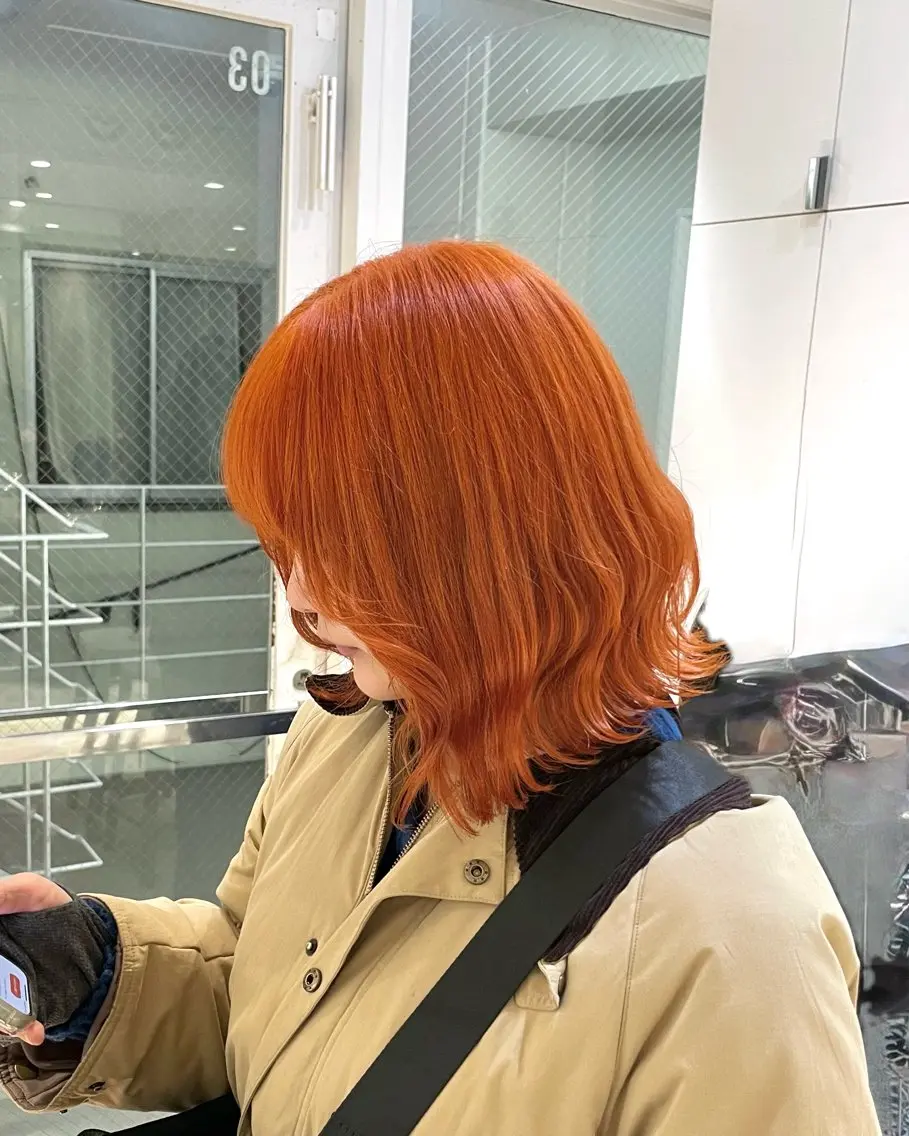 ミディアム カラー オレンジ ボブ ヘアカラー トリートメント ヘアセット ツヤ髪/透け感ヘア 💎Nokaのヘアスタイル