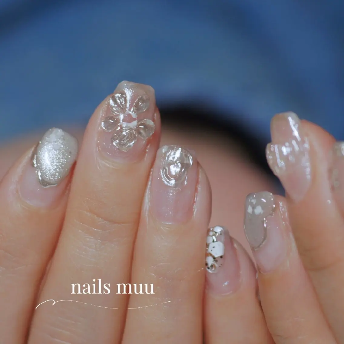 ネイル アートネイル オーロラネイル クリアネイル フラワーネイル ミラーネイル nails muu まゆのネイルデザイン