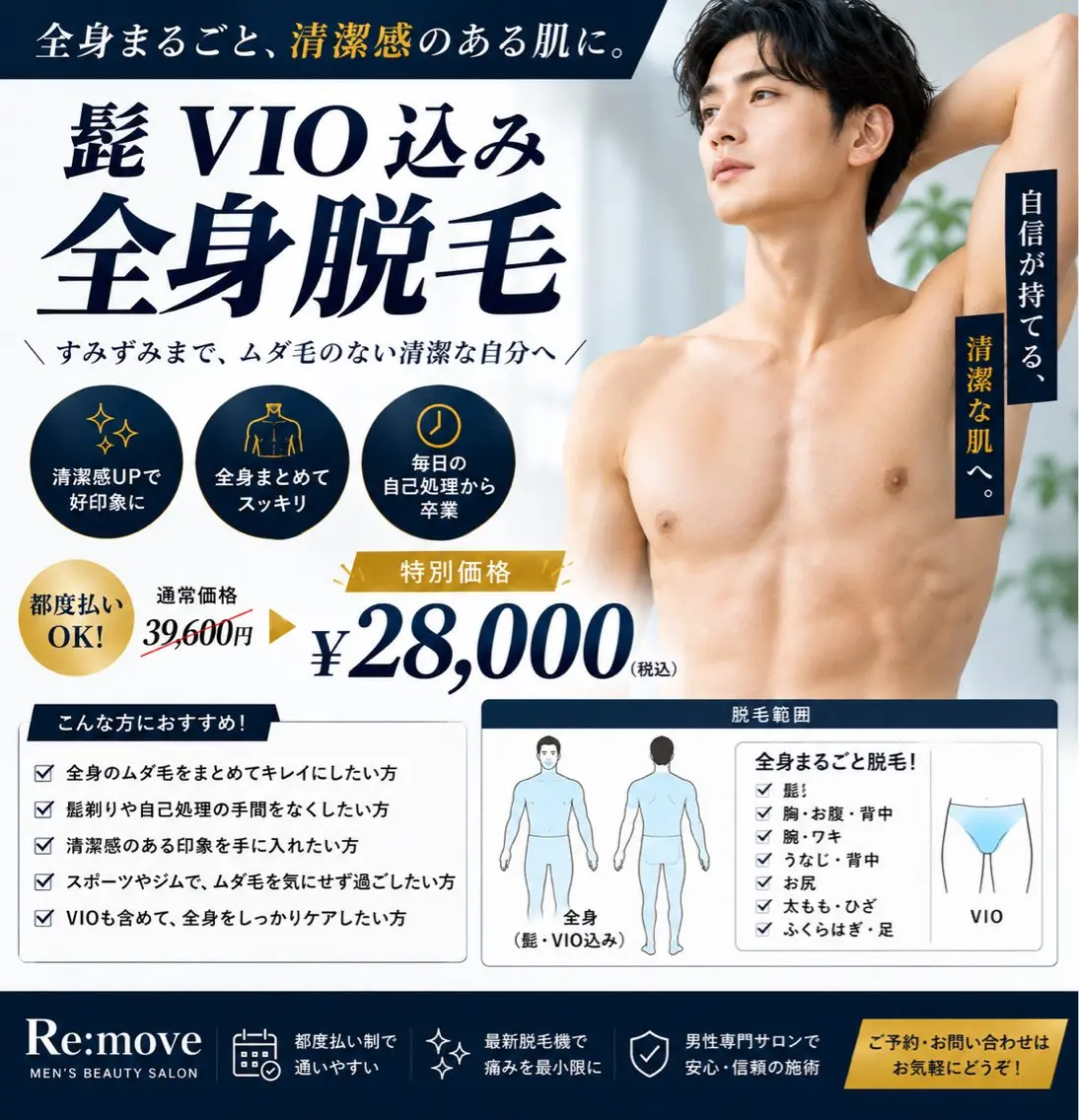 【ツルスベメンズへ!】メンズ脱毛"全身脱毛〈髭、VIO込〉 ¥28,000の写真