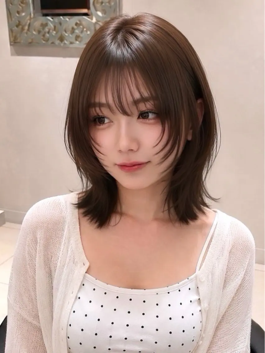 ミディアム カット ヘアカラー トリートメント ミディアムレイヤー ストレートKANAのヘアスタイル
