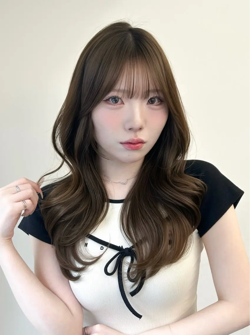 ロング カラー ベージュカラー オリーブベージュ レイヤーカット カット ヘアカラー トリートメント 韓国ヘア/顔周り ヘアセット/加藤優里のヘアスタイル