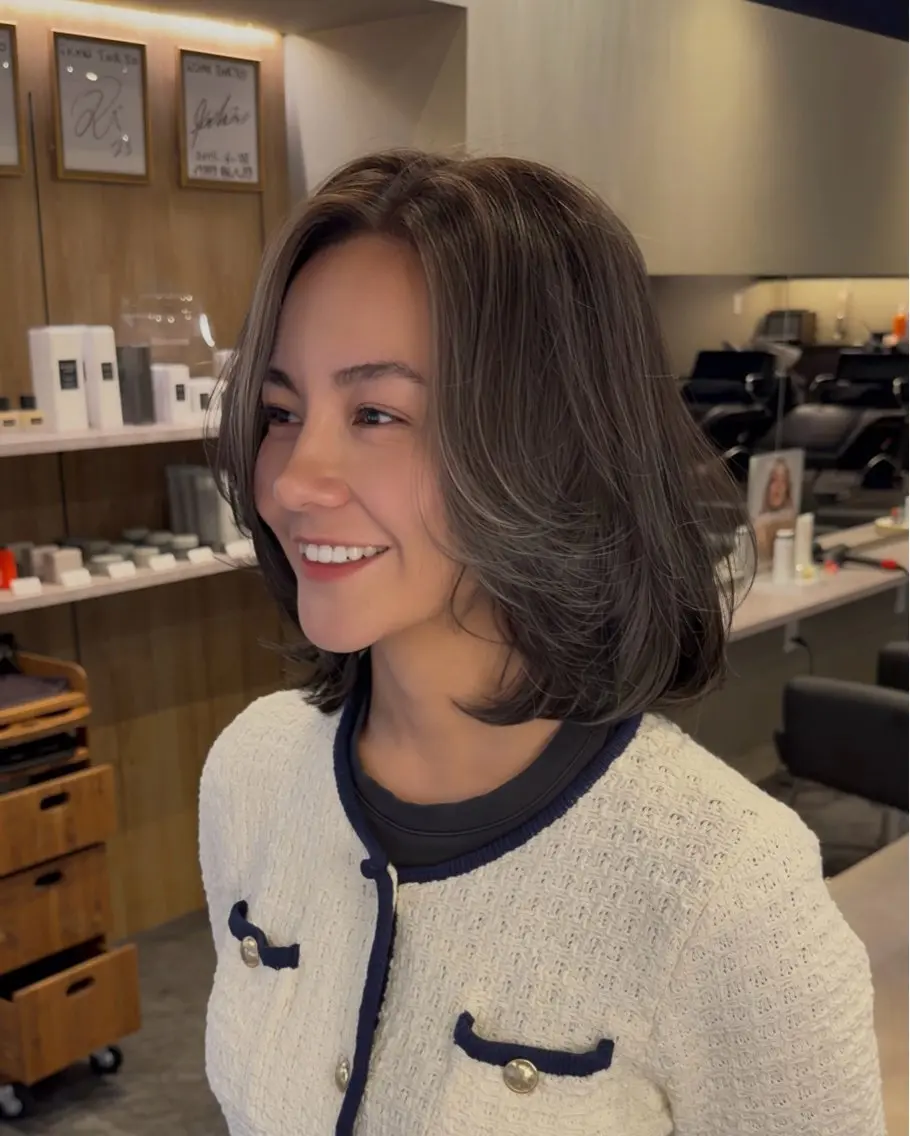 ミディアム カラー ミストバング  フェイスフレーミング ハイライトカラー ボブ ハイライト 🇺🇸海外デザイン iCON TOKYOのヘアスタイル
