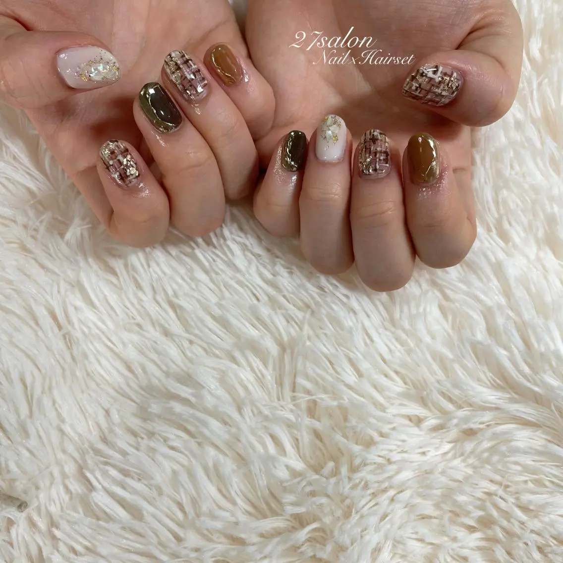 ネイル ブラウン ツイードネイル 27salon yuinaのネイルデザイン
