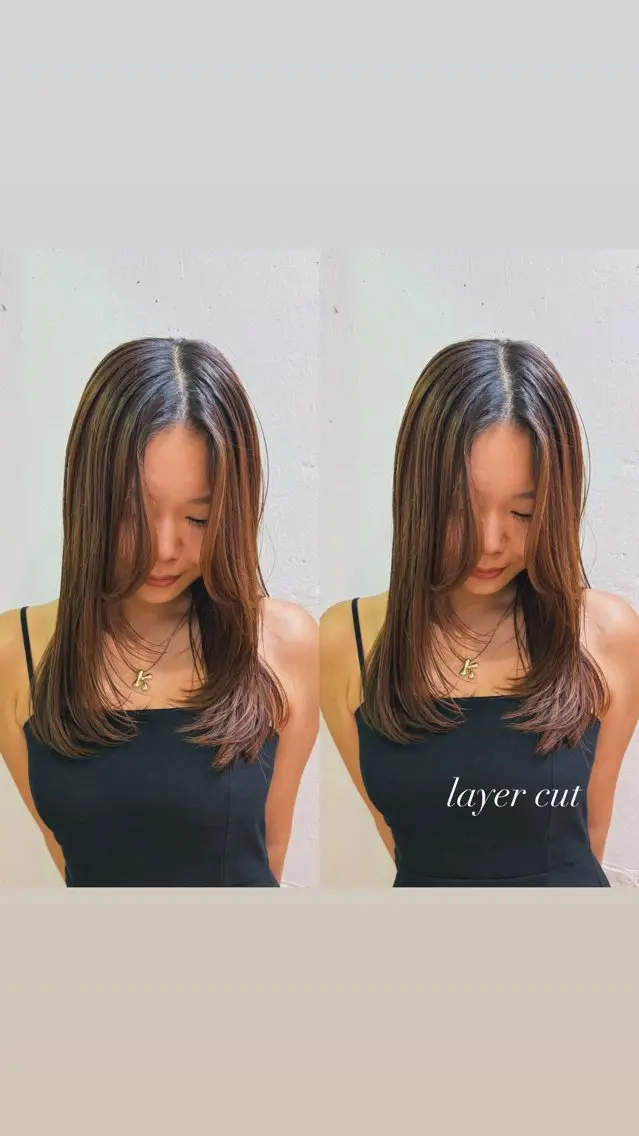 セミロング 顔まわりレイヤー 顔周りカット レイヤーカット 小顔カット カット 暖色カラー/ ストレート/くるみのヘアスタイル