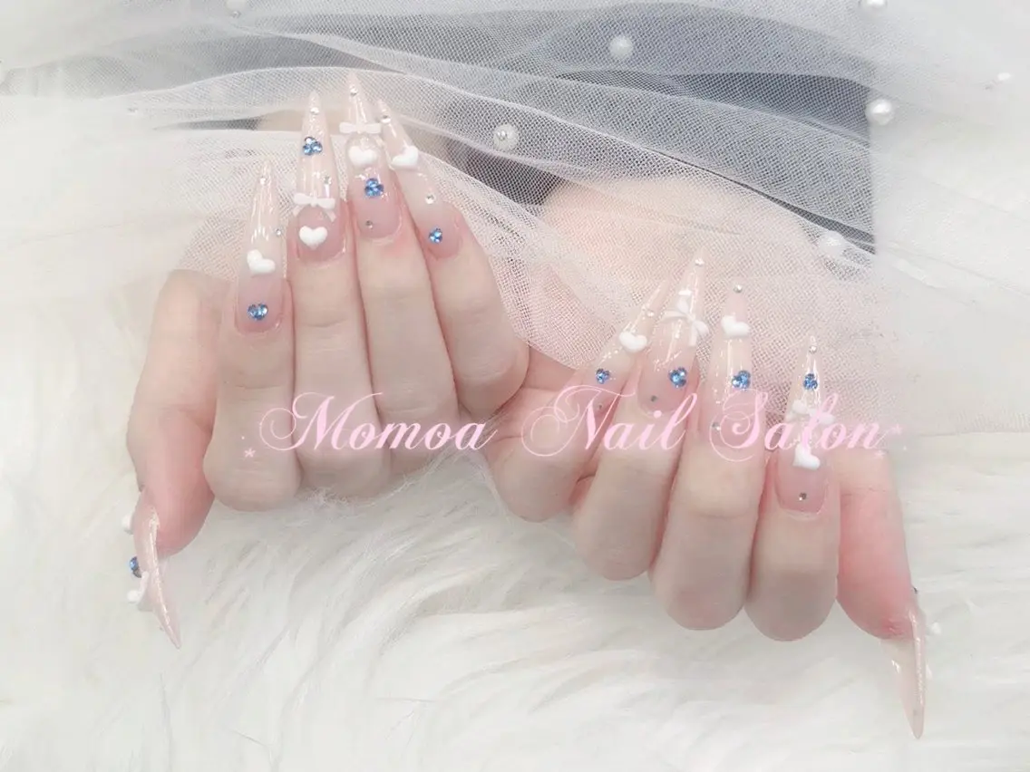 ネイル 成人式 大理石ネイル(マーブル) リボン 夏ネイル ネイルチップ MoMoA Nail ネイル長さ出し専門店のネイルデザイン