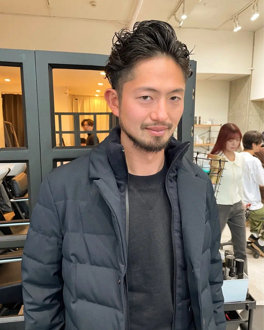 ショート パーマ メンズ オールバック ビジネス メンズパーマ 堀江将太朗/恵比寿/ メンズカットのヘアスタイル