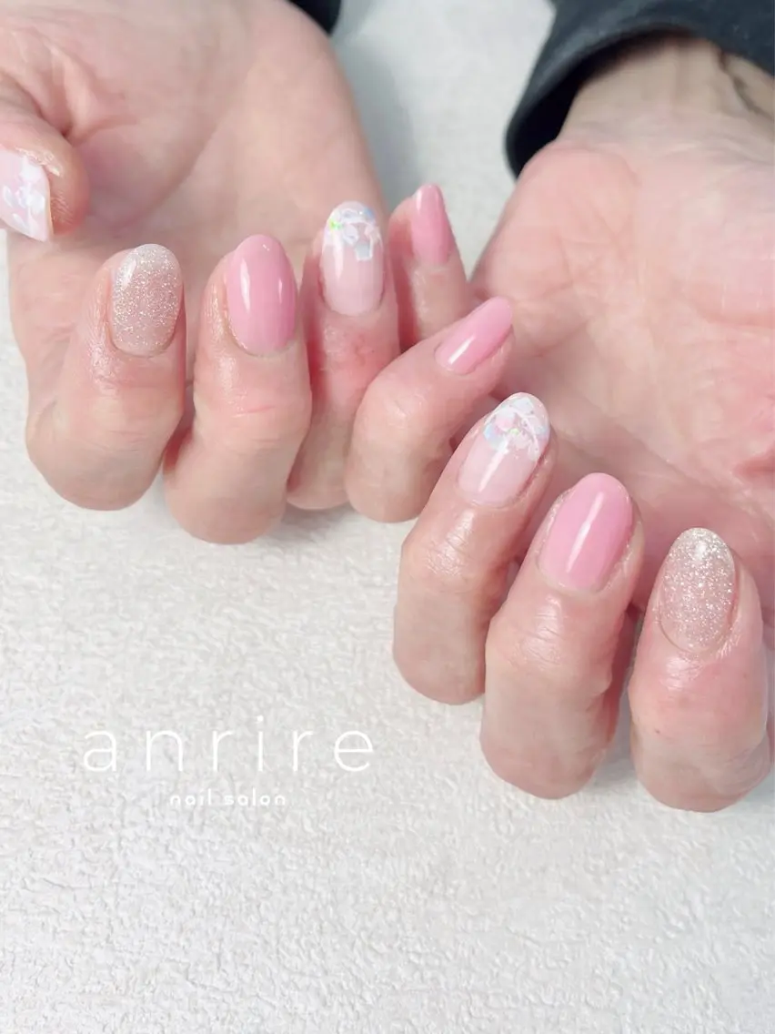 ネイル フラッシュネイル フラワーネイル フレンチネイル ジェルネイル キラキラネイル ハンドネイル nailsalon anrireのネイルデザイン