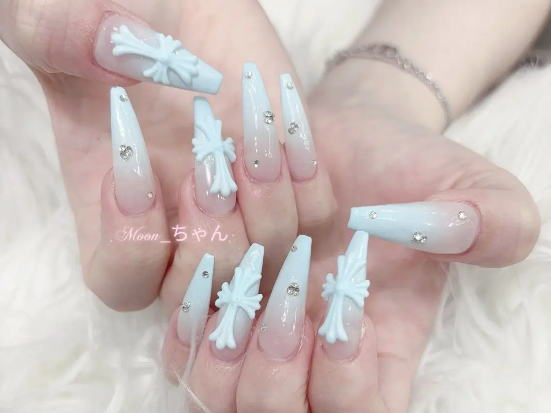 ネイル 成人式 大理石ネイル(マーブル) リボン 夏ネイル ネイルチップ ハンドネイル MoMoA Nail ネイル長さ出し専門店のネイルデザイン