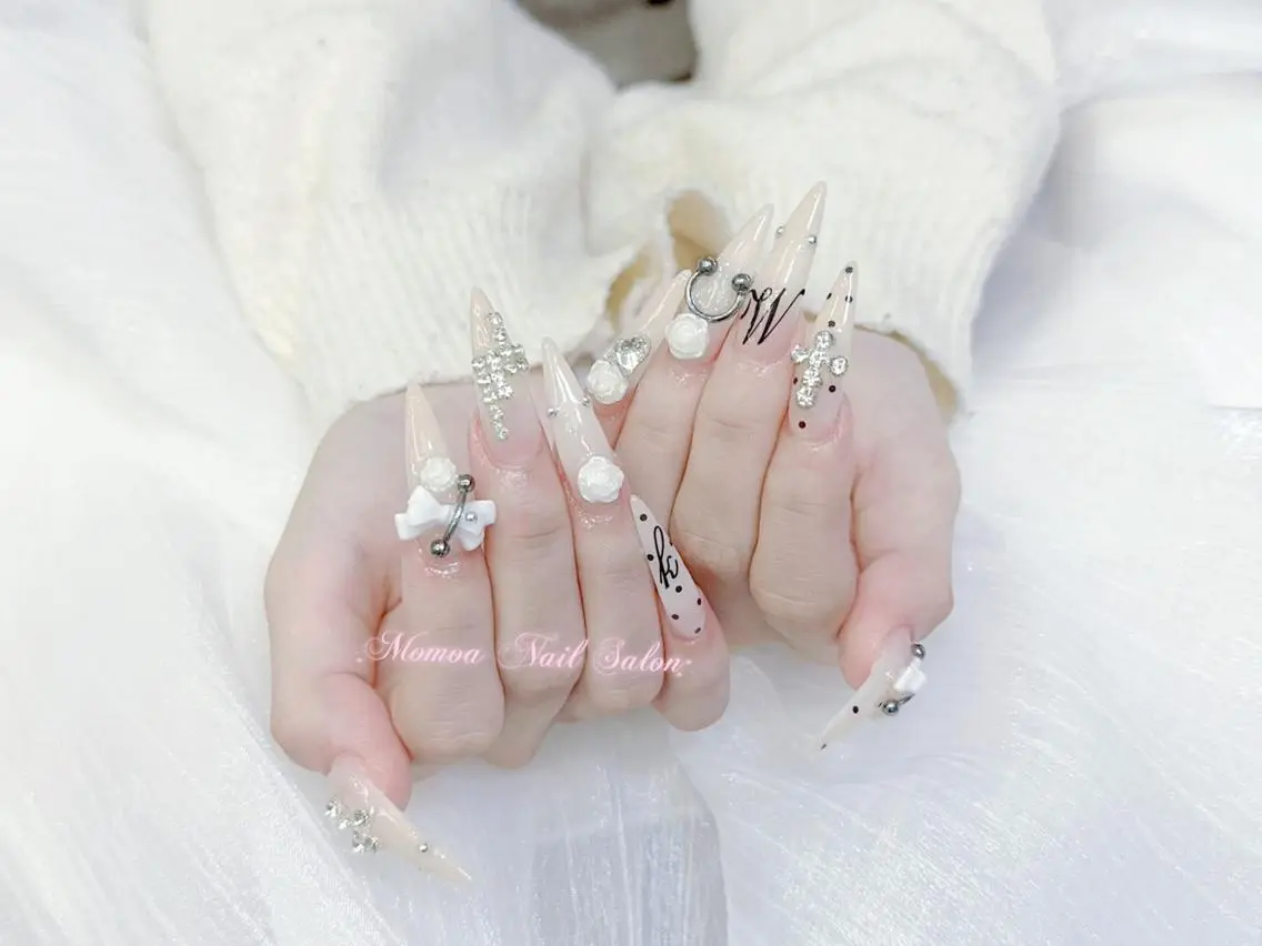 ネイル 成人式 大理石ネイル(マーブル) リボン 夏ネイル ネイルチップ ハンドネイル MoMoA Nail ネイル長さ出し専門店のネイルデザイン