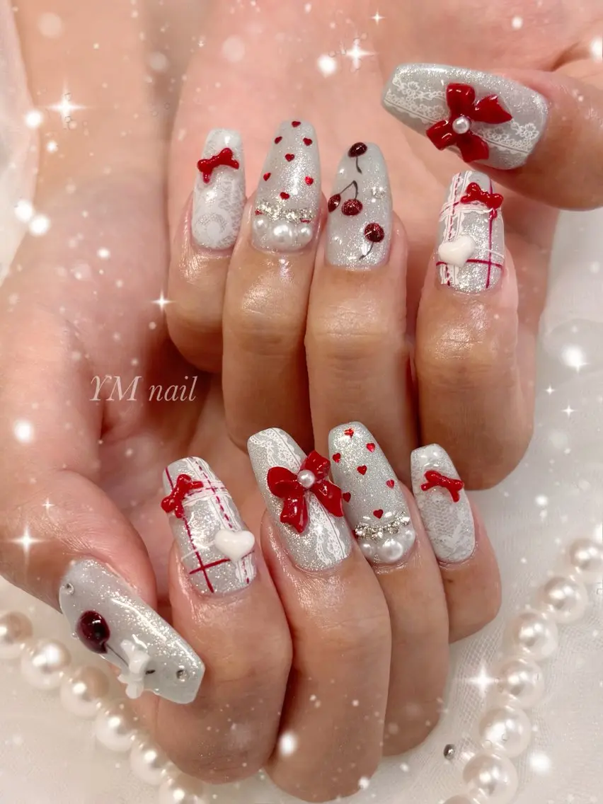 ネイル ハート レース 水色 マグネットネイル リボン ハンドネイル YM nailのネイルデザイン