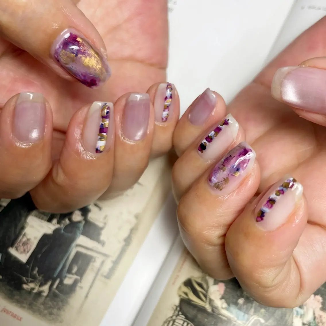 ネイル ゴールド ニュアンスネイル ぷっくりネイル パープル ハンドネイル y-neil | ニュアンスネイルのネイルデザイン