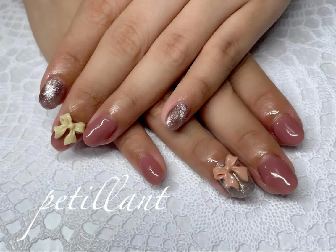 ネイル アートネイル マグネットネイル ピンク リボン ハンドネイル ハンドケア nail salon petillantのネイルデザイン