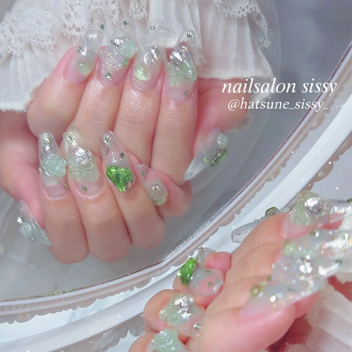ネイル クリアネイル ガーリー グリーン ハンドネイル sissy hatsuneのネイルデザイン
