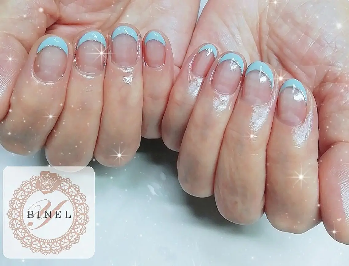 ネイル ブルー フレンチネイル パステルネイル 夏ネイル ハンドネイル Nail Salon Y.BINELのネイルデザイン