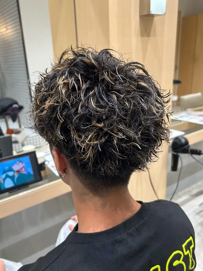 カラー パーマ メンズ フェードカット メンズハイライト メンズパーマ ハイライトカラー カット ヘアカラー パーマ 🐲ツイスパ🐲 フェード/龍のヘアスタイル