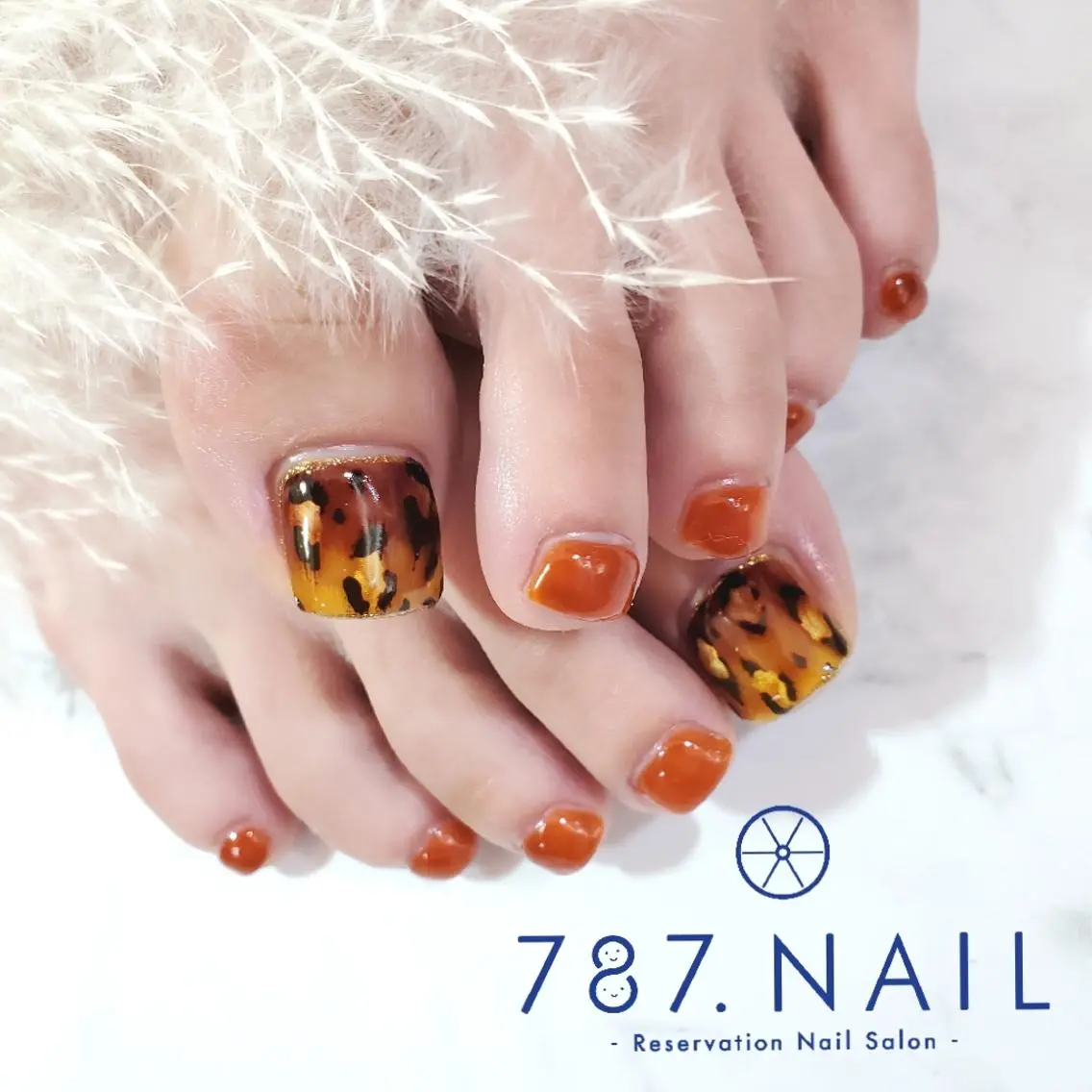 ネイル アニマル柄 べっ甲ネイル オレンジ フットネイル 787.Nail♡ Madoka.Kのネイルデザイン