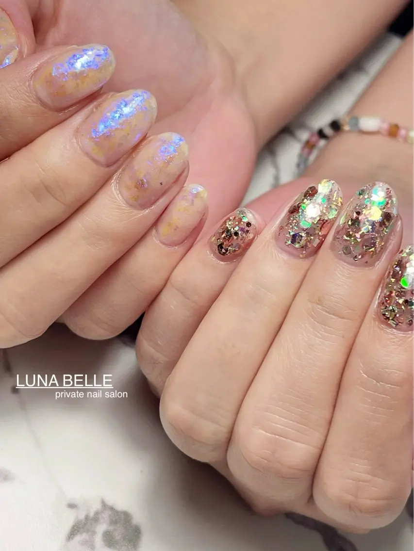 ネイル オーロラネイル ラメ(グリッター) ワンカラーネイル ハンドネイル LUNA BELLEのネイルデザイン